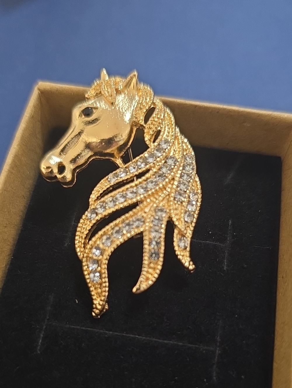 Gold Horse Head Brooch with Rhinestones